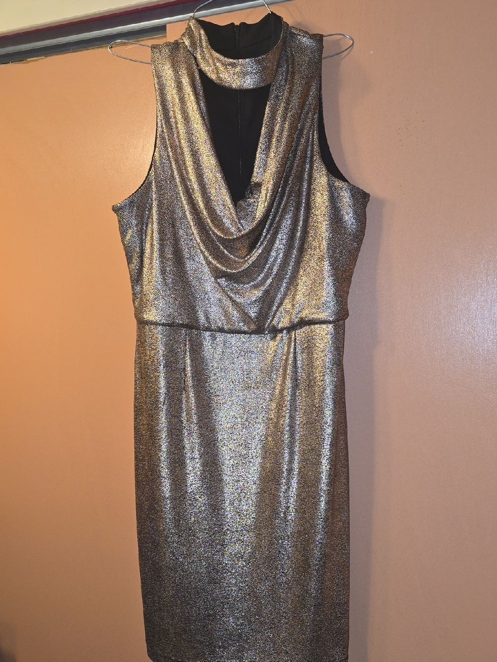 Cachet Sleeveless Metallic Rose  Gold Cowl Neck Dress